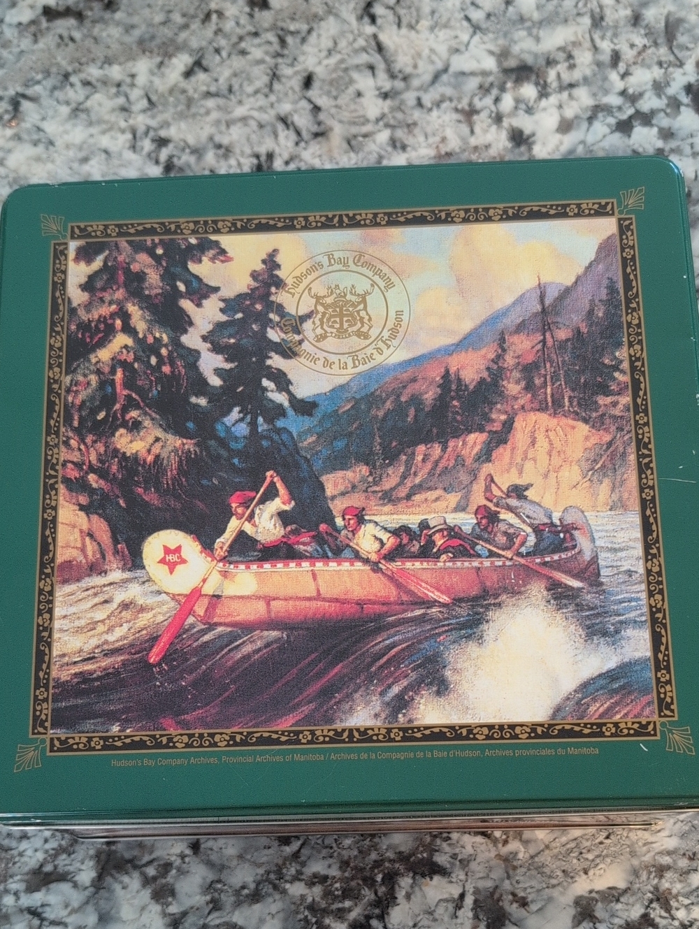 Hudson's Bay Canoe Scene Decorative Tin - Green Vintage